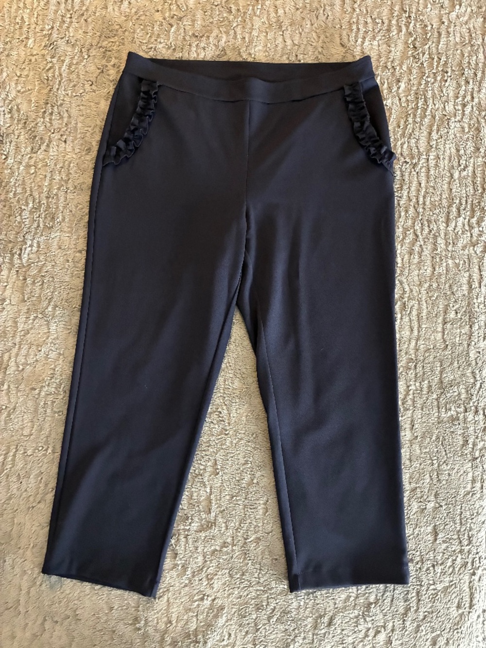 Navy Blue Women's Pull-On Ankle Pants with Ruffle Pocket Trim
